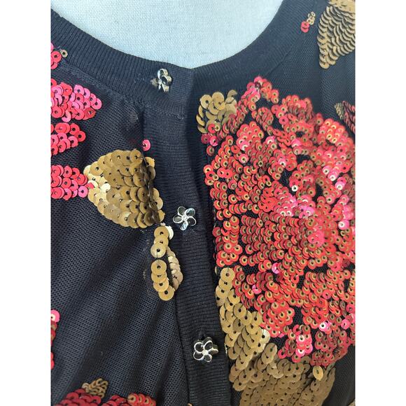 Charter Club Black Red & Gold Sequin Floral Button Down Long Sleeve Cardigan - Picture 3 of 7